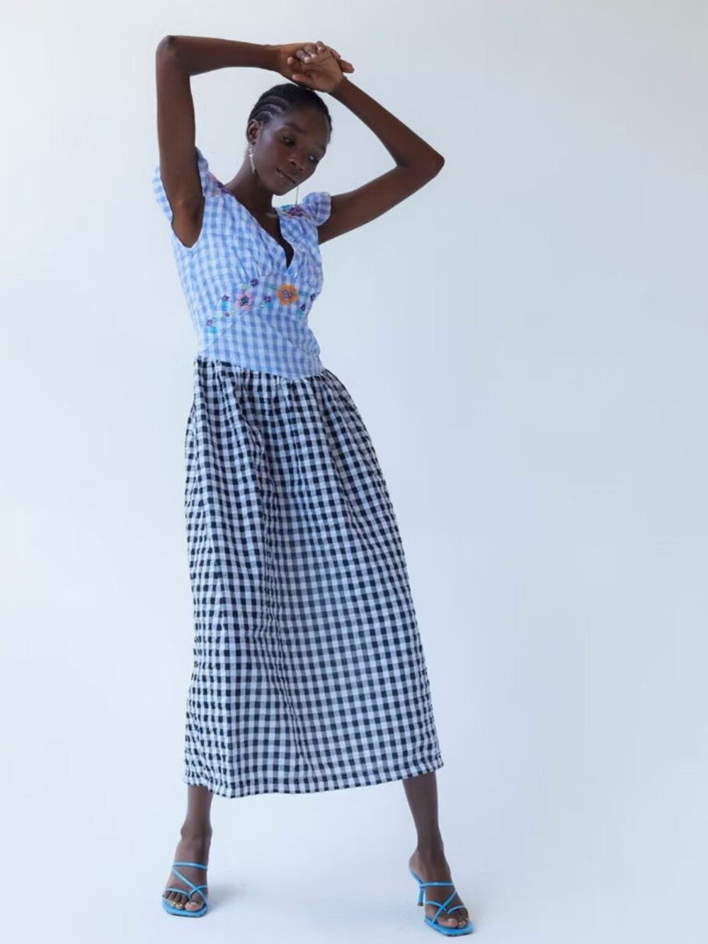 Tach Ilena Cloque Blue Gingham Embroidered Dress Size Small